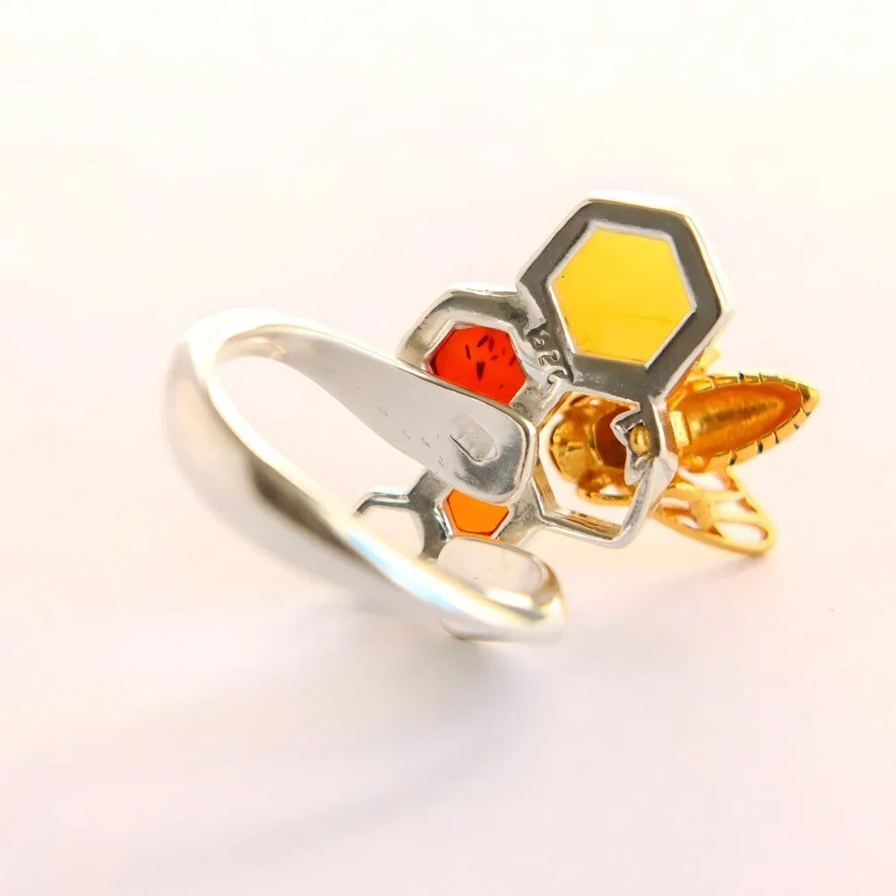 Baltic Amber Bee and Honeycomb Ring in Sterling Silver